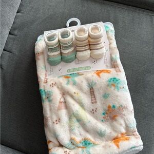 Baby Blanket and Sock Set with Dinosaur Print